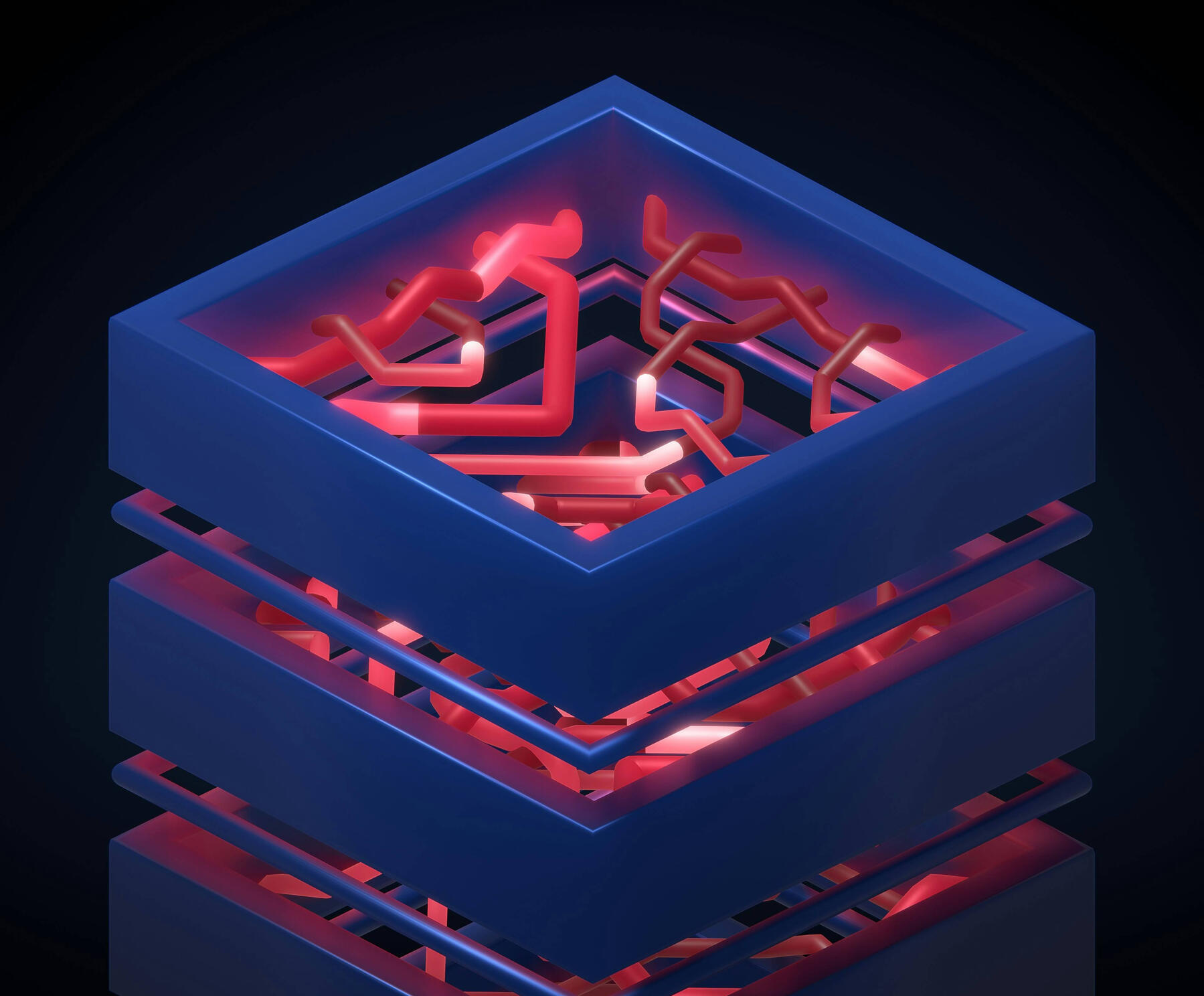 A 3d cloud server, with red wires running in between